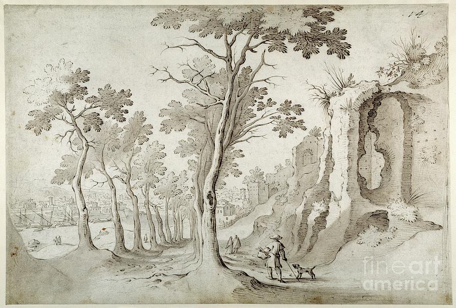 View Of The Porta Ripa From An Avenue Of Tree Amongst Ruins On The Aventine Looking Down On S. Maria Dellorto, On The Right, And S. Maria Cosmedin, Centre Drawing by Sebastian Vrancx
