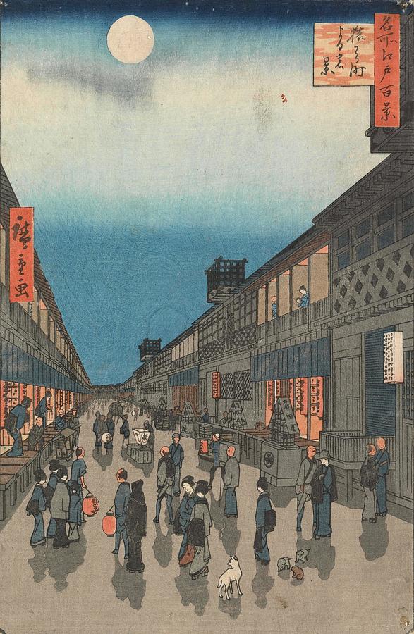 View of the Saruwaka Street by Night, from the series One Hundred Views of Famous Places in Edo. ... Painting by Utagawa Hiroshige