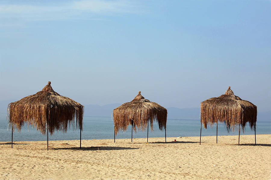 View Of Three Beach Parasol At Badavut Beach In Ayvalik, Aegean, Turkey Photograph by Jalag / Dorothea Schmid