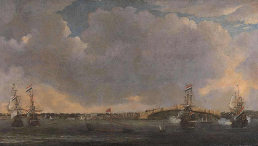 View of Tripoli. Painting by Admiraliteit van Amsterdam Reinier Nooms -signed by artist-