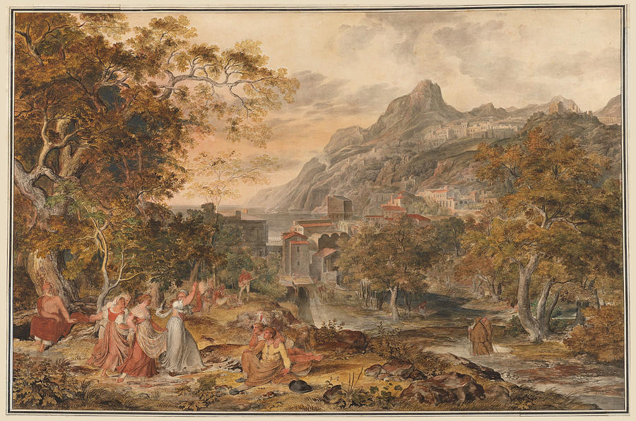 Joseph Anton Koch Drawing - View of Vietri with Young Country Women Dancing for Shepherds in the Foreground by Joseph Anton Koch