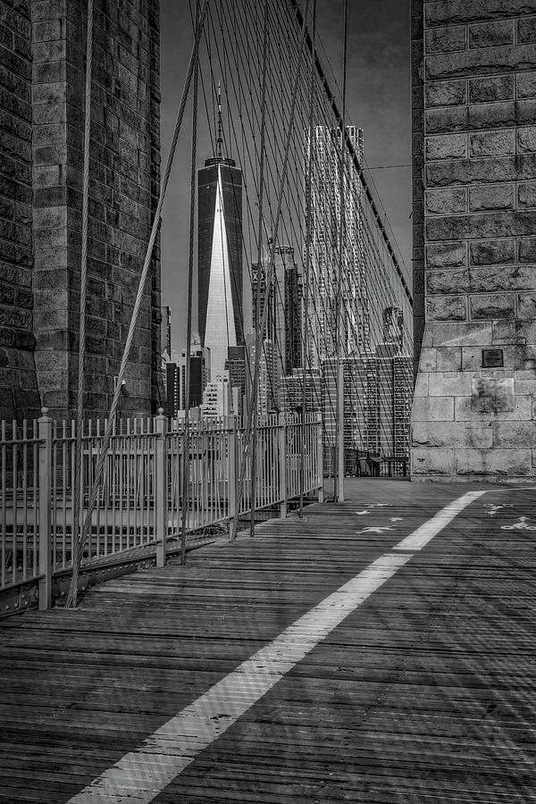 Brooklyn Bridge Photograph - View to WTC Lower Manhattan NYC BW by Susan Candelario