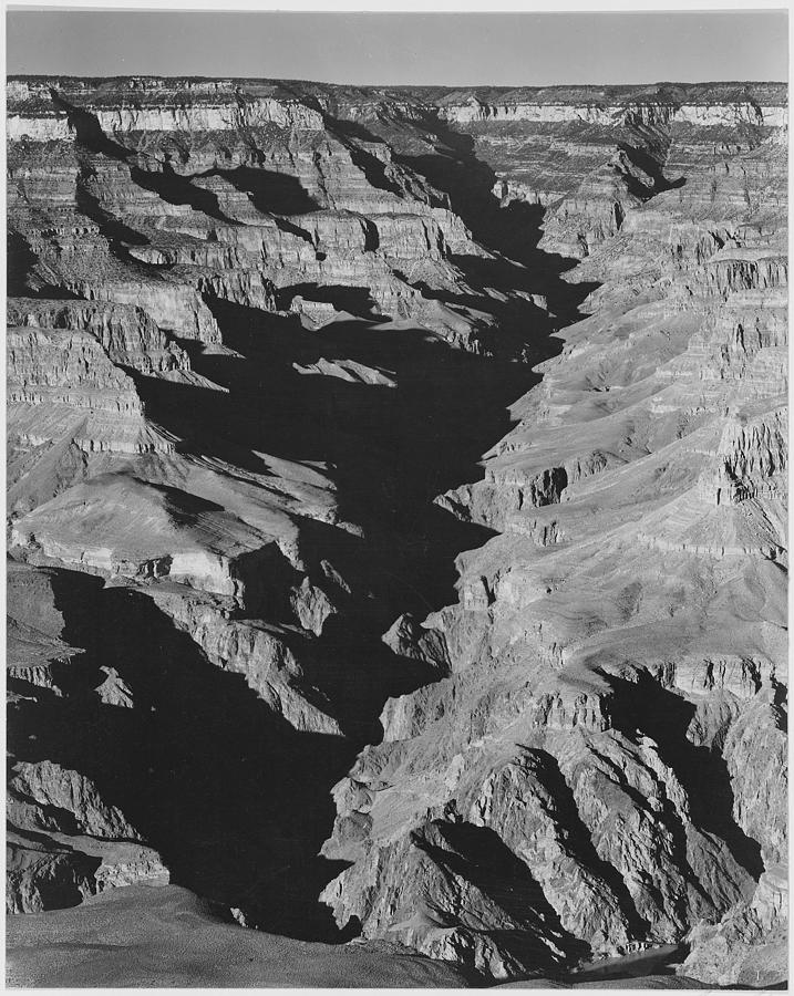 View with shadowed ravine Grand Canyon from South Rim 1941 Arizona. (Vertical Orientation) 1941 Painting by Ansel Adams
