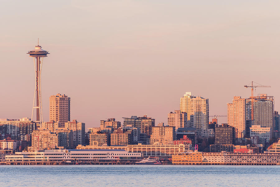 Views Of Elliott Bay, Seattle Bay, With Sunset Light Over Downtown Skyscrapers And The Space Needle Photograph