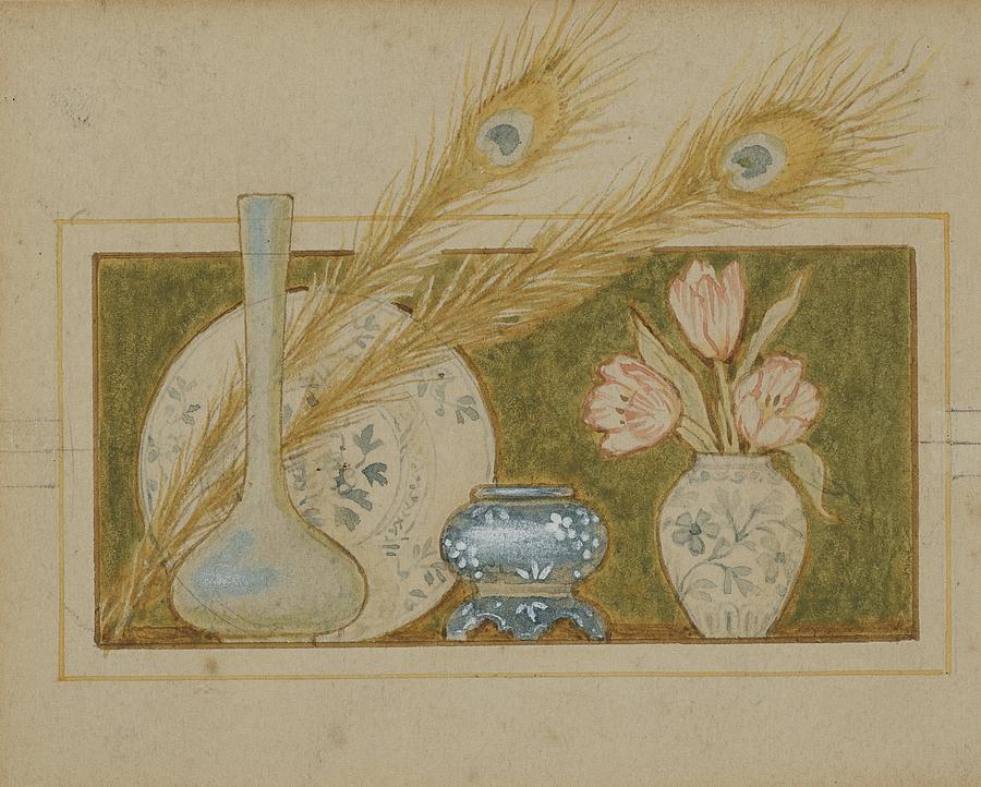 Still Life Painting - Vignette Of Two Peacock Feathers And China by John G Sowerby