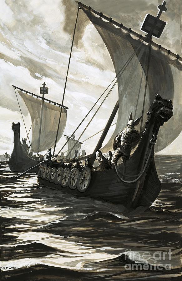 Viking Longboats Painting by English School