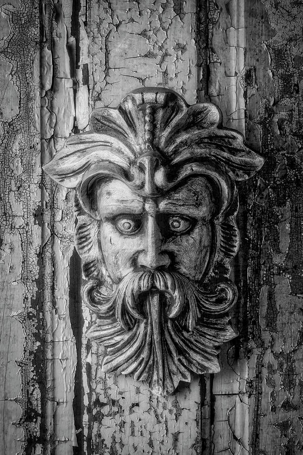 Viking Mask On Old Door In Black And White Photograph by Garry Gay