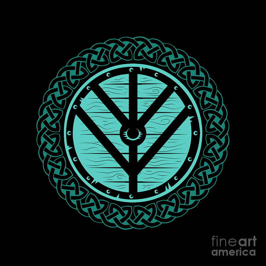 Viking Shield Maiden Teal Wooden Shield and Norse Knot Work Painting by Tina Lavoie