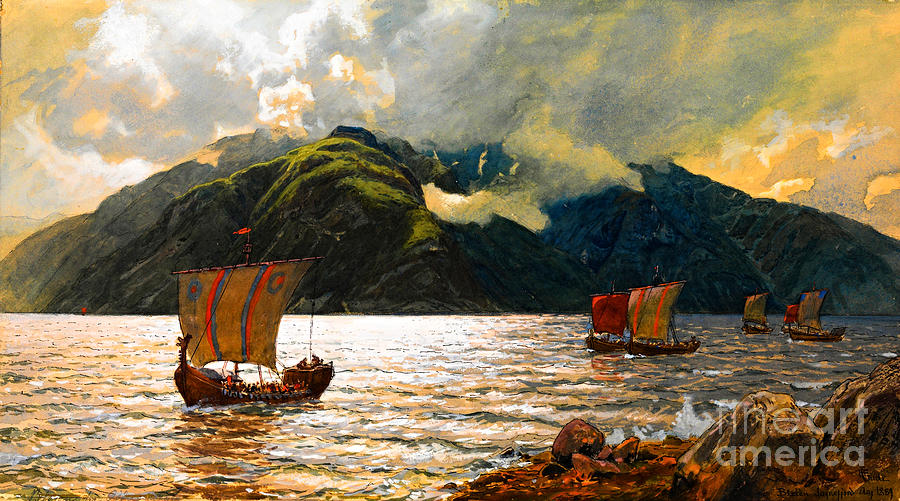 Viking Ships in the Sognefjord Painting by Peter Ogden