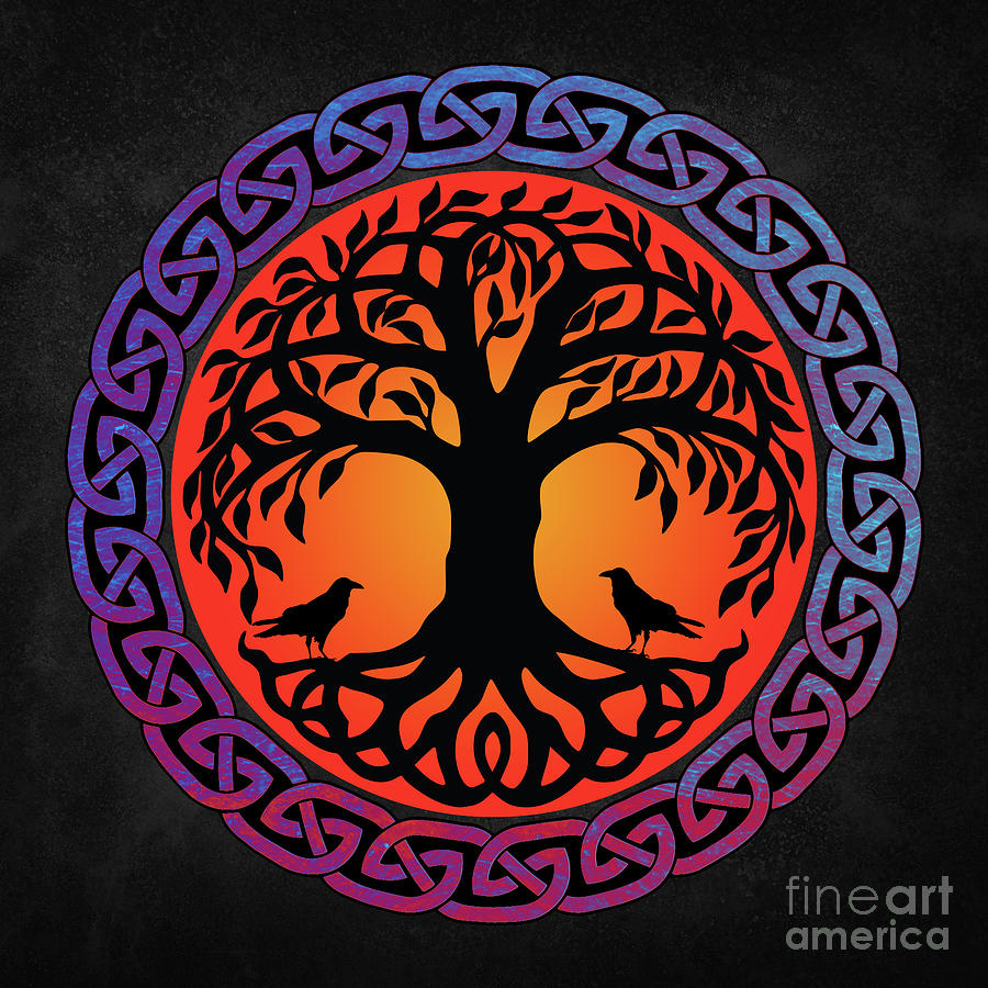 Raven Painting - Viking Yggdrasil World Tree with Ravens Huginn Muninn by Tina Lavoie