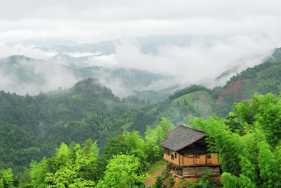 Village House In Foggy Mountains Photograph by Knighterrant