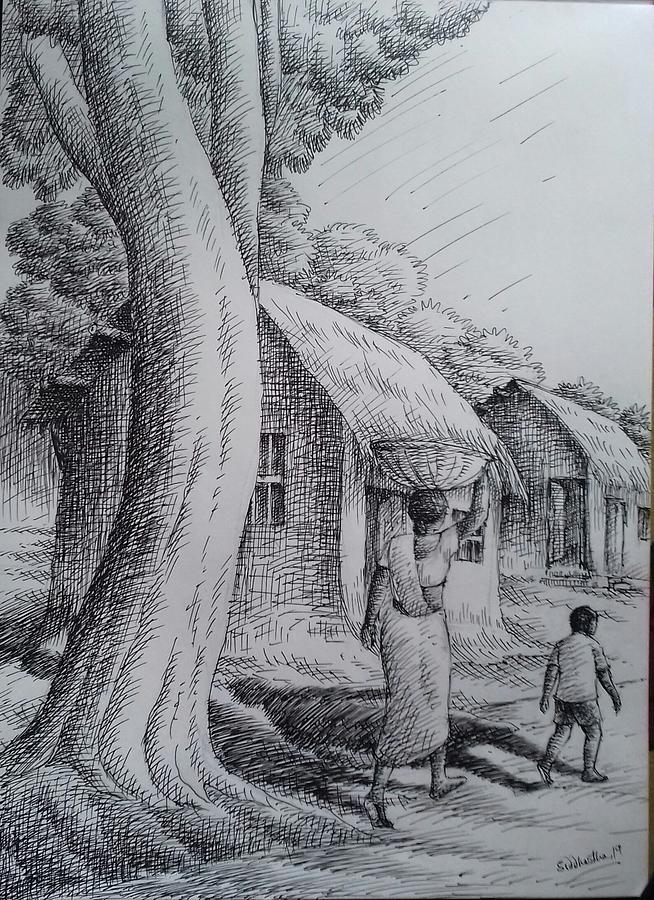 A Village Life Drawing by Moazzambeg Mirza | ArtZolo.com