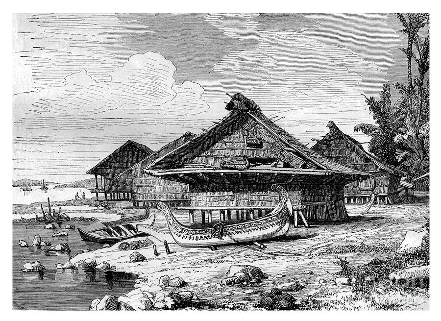 Village On Seram, Indonesia, 19th Drawing by Print Collector