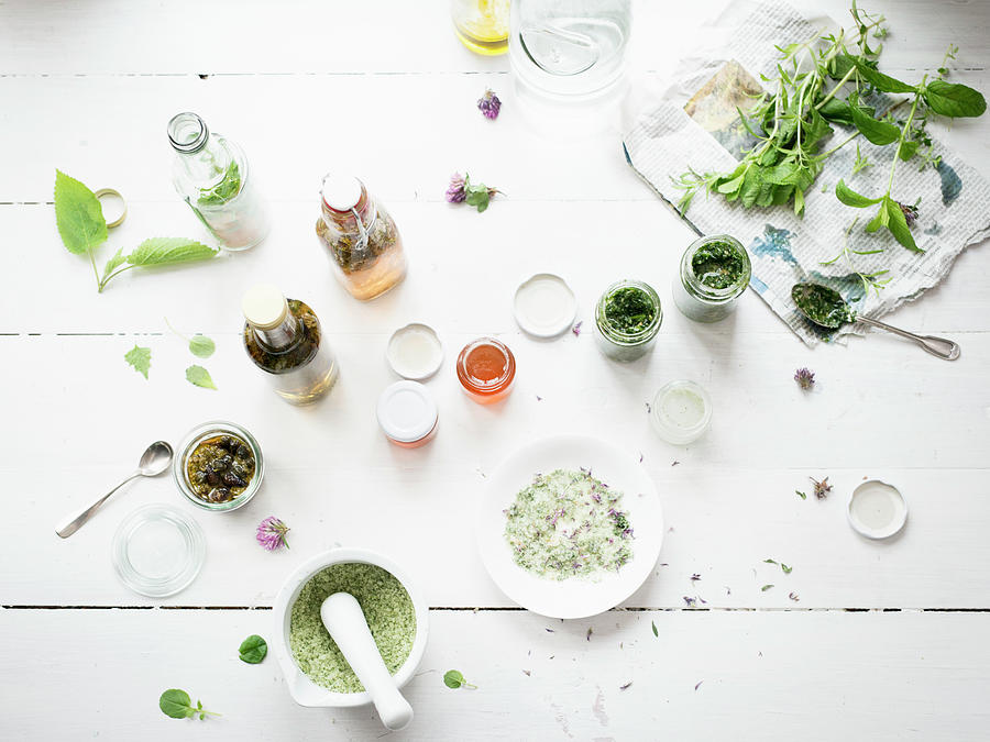 Vinegars, Oils, Sauces And Essences With Wild Herbs Photograph by Manuela Rther