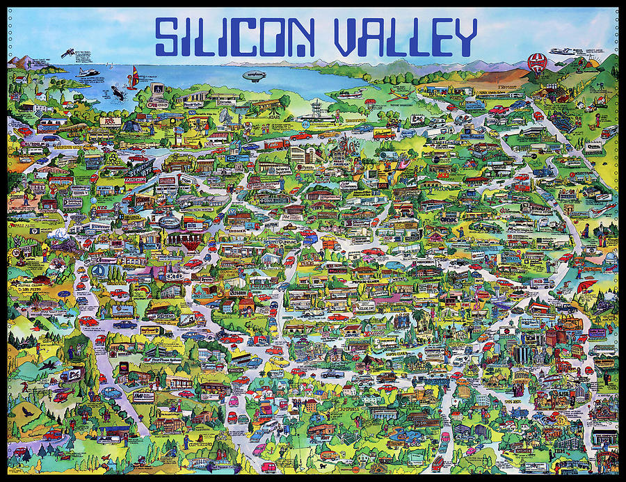 Vintage 1982 Silicon Valley USA Poster Print, Shows Many Historic Companies and Places Mixed Media by Kathy Anselmo