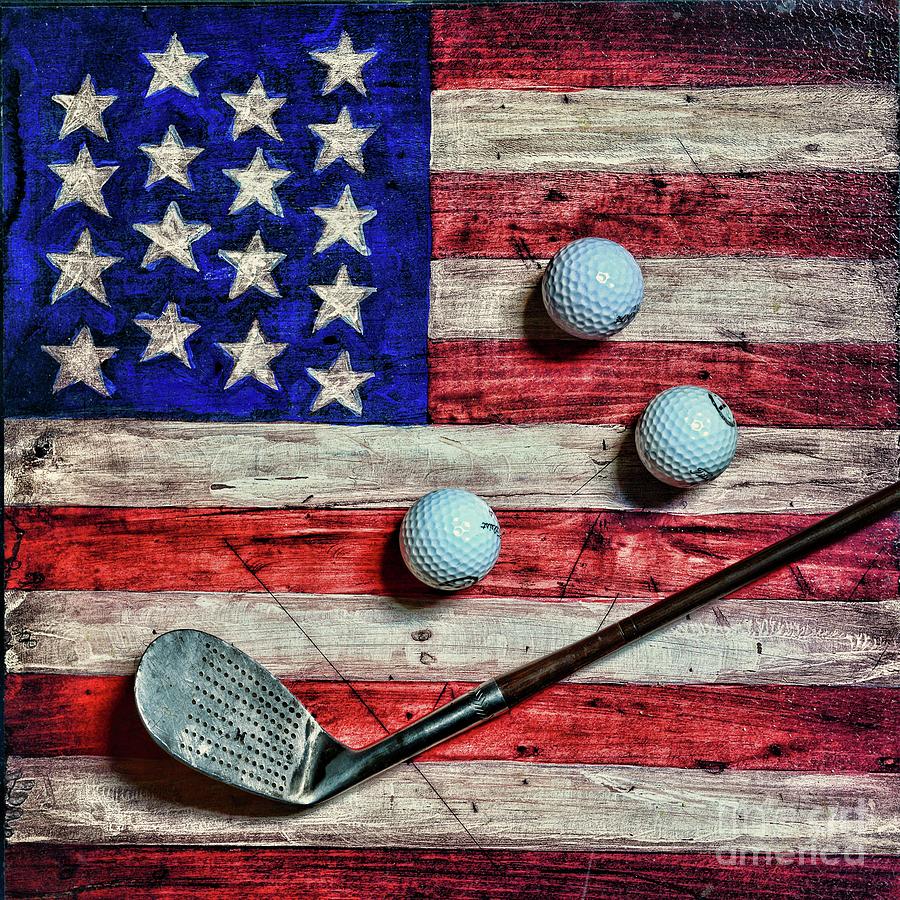 Vintage 8 Iron and Golf Balls on American Flag Square format Photograph by Paul Ward