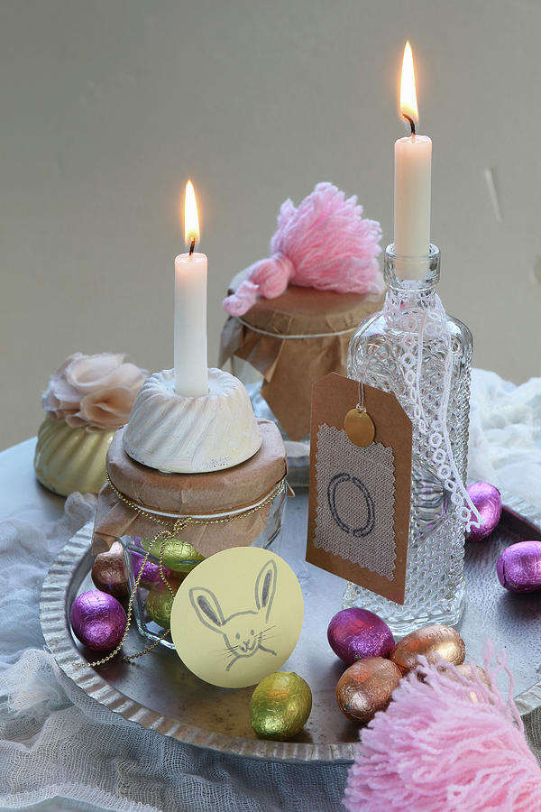 Vintage Arrangement Of Candles And Chocolate Easter Eggs On Table Photograph by Regina Hippel