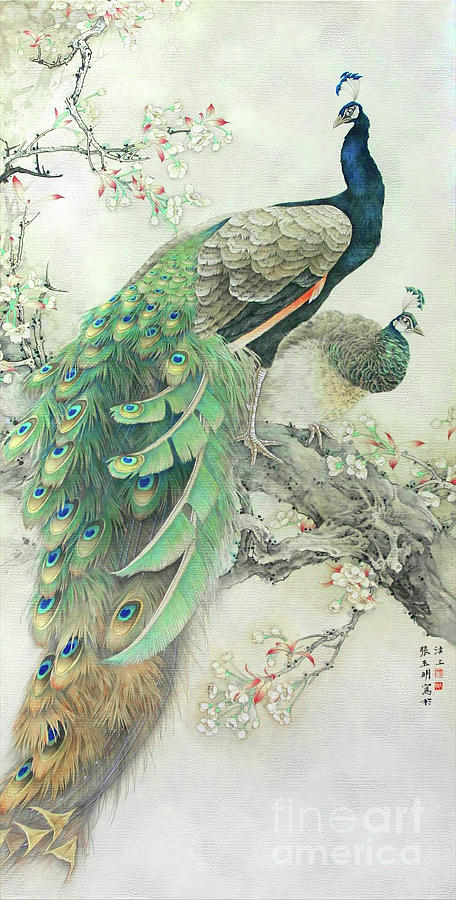 Vintage Painting - Vintage Art - Pair of Peacocks in tree by Audrey Jeanne Roberts