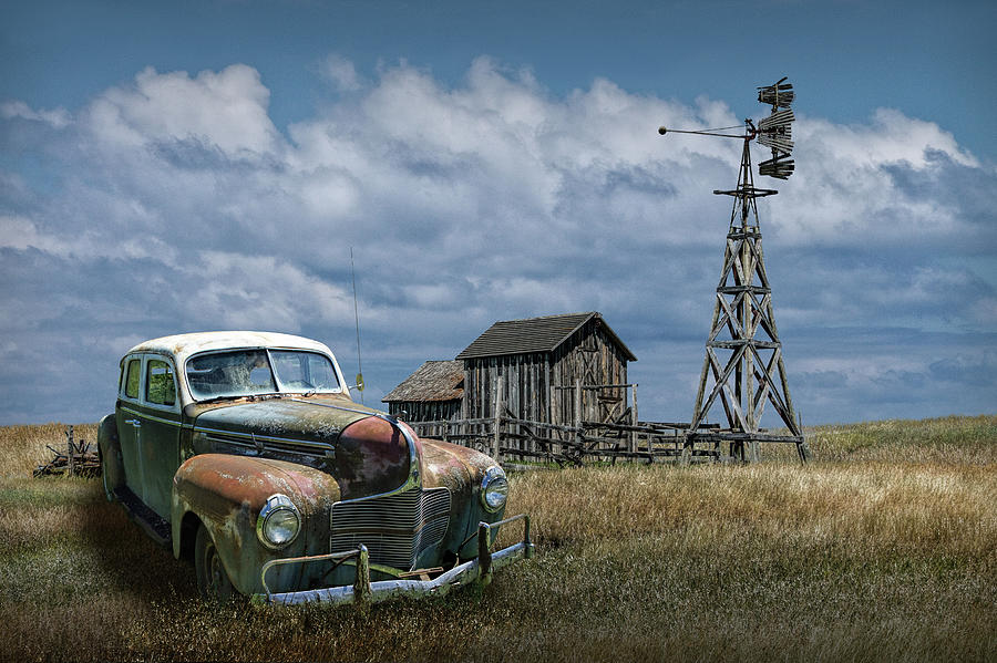 Vintage Automobile and Wooden Barn with Windmill Photograph by Randall Nyhof