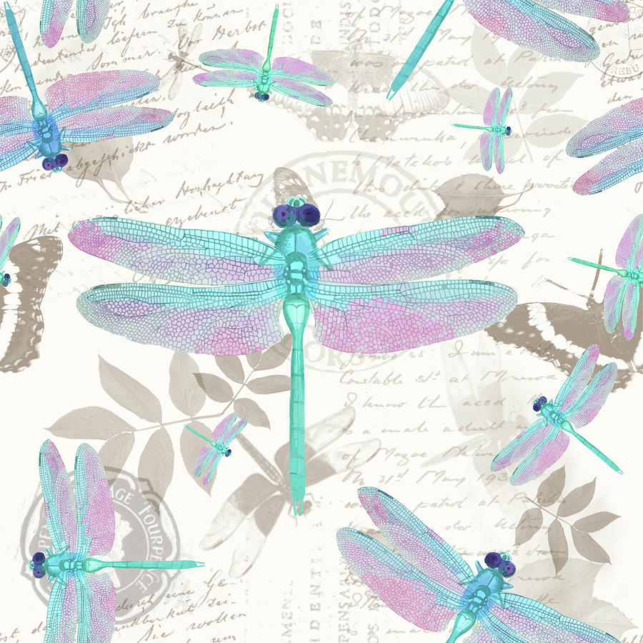 Vintage Botanicals Dragonfly Pattern Aqua Digital Art by Tina Lavoie