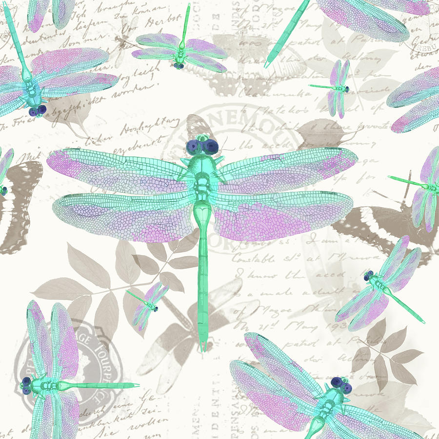 Vintage Botanicals Dragonfly Pattern Green Digital Art by Tina Lavoie