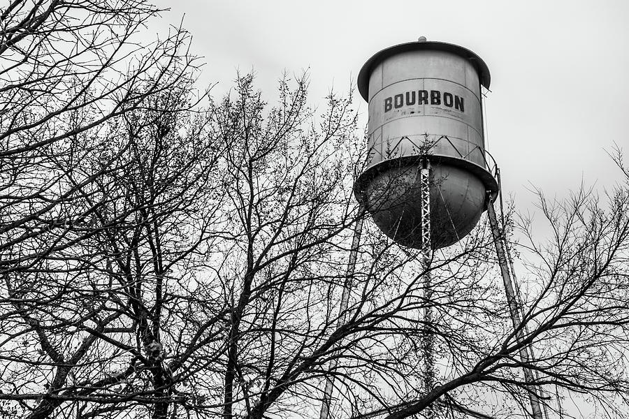 Vintage Photograph - Vintage Bourbon Water Tower With Tree in Monochrome by Gregory Ballos