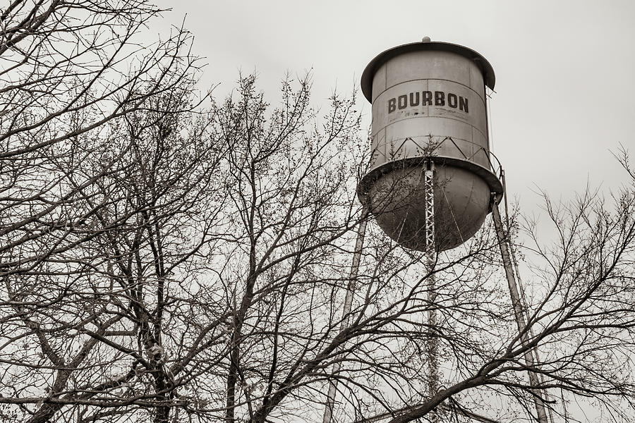 Vintage Bourbon Water Tower With Tree In Sepia Photograph