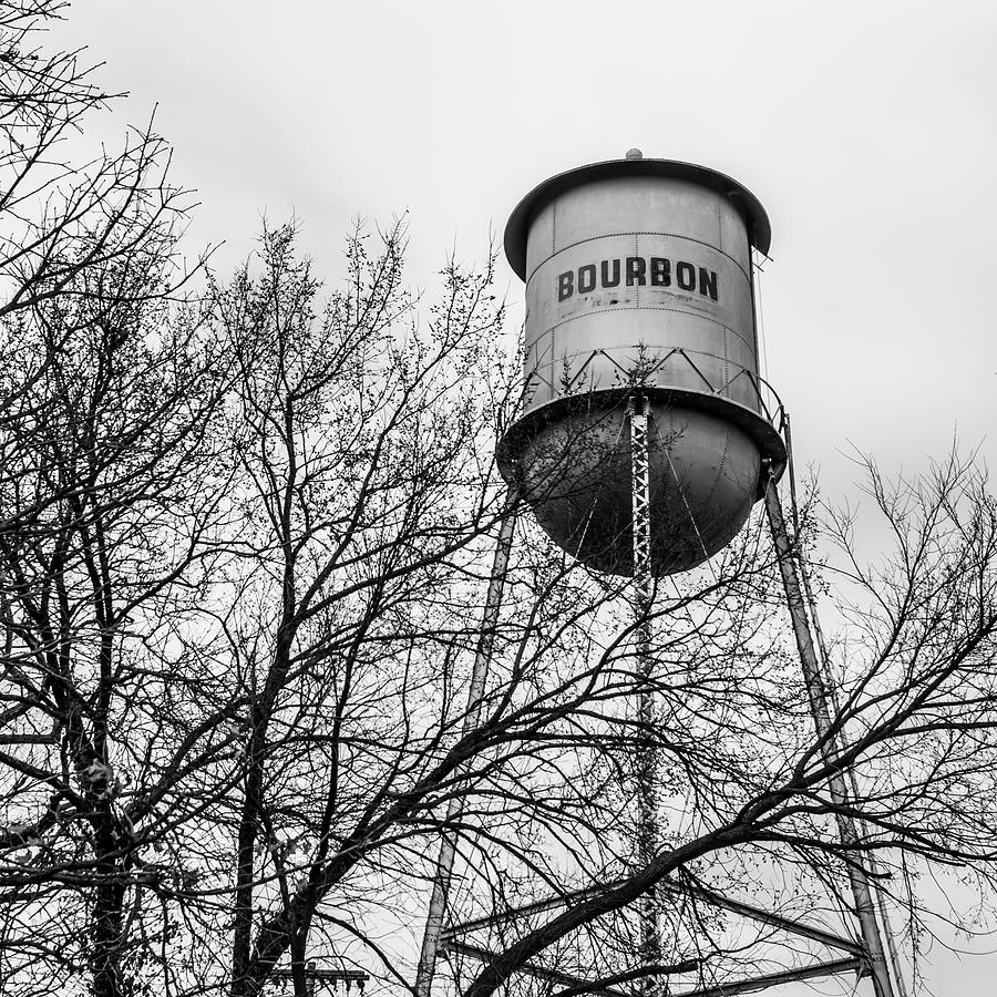 Vintage Photograph - Vintage Bourbon Water Tower With Tree - Square Monochrome by Gregory Ballos