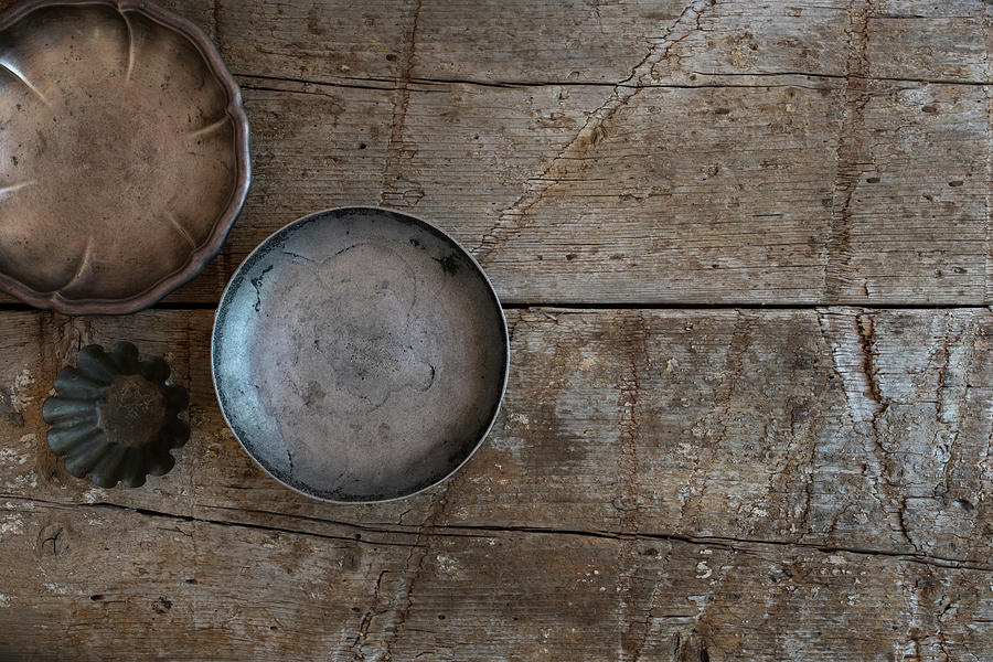 Vintage Bowls On Rustic Wood Background Photograph by Adel Ferreira Photography