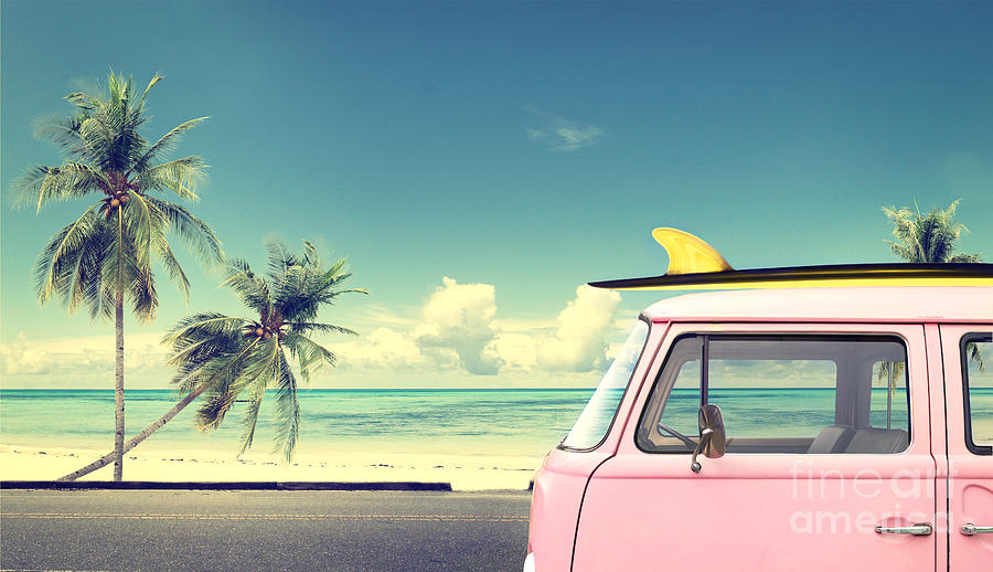 Pink Photograph - Vintage Car In The Beach by Jakkapan Pink Photograph - Vintage Car In The Beach by Jakkapan