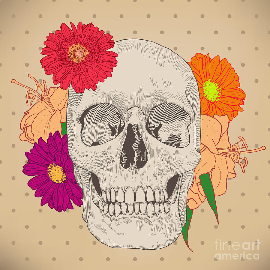 De Digital Art - Vintage Card With Skull And Flowers On by Golubok De Digital Art - Vintage Card With Skull And Flowers On by Golubok