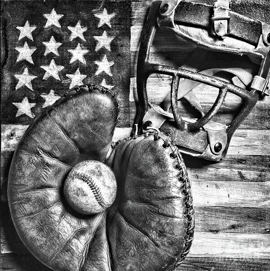 Baseball Photograph - Vintage Catchers Mitt and Mask on the American Flag Square B andW by Paul Ward