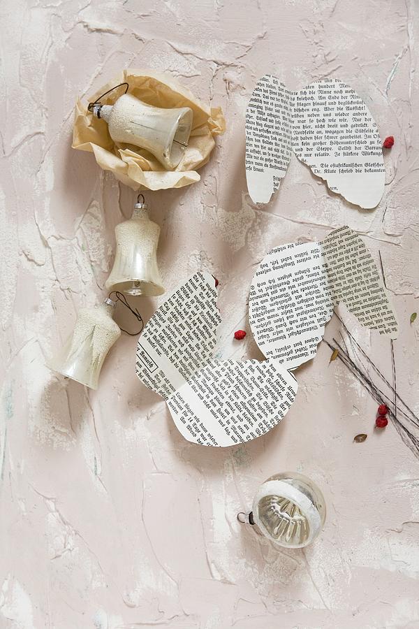 Vintage Christmas-tree Decorations And Wings Made From Book Pages Photograph by Alicja Koll