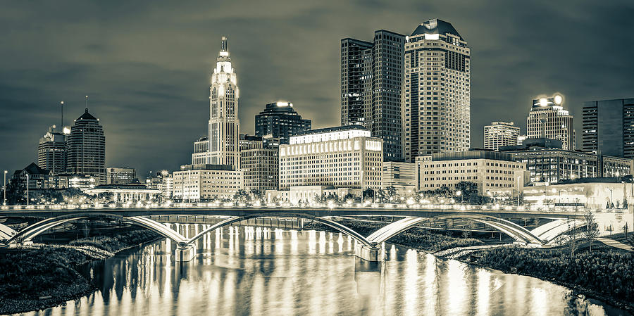 Columbus Skyline Photograph - Vintage Columbus Skyline in Sepia - Panoramic Format by Gregory Ballos