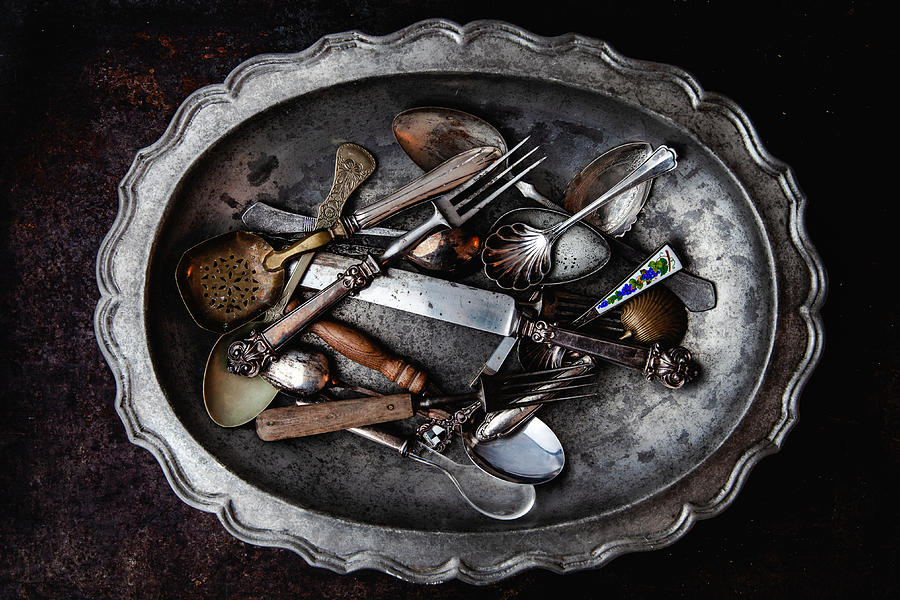 Vintage Cutlery In A Metal Bowl Photograph by Elisabeth Von Plnitz-eisfeld