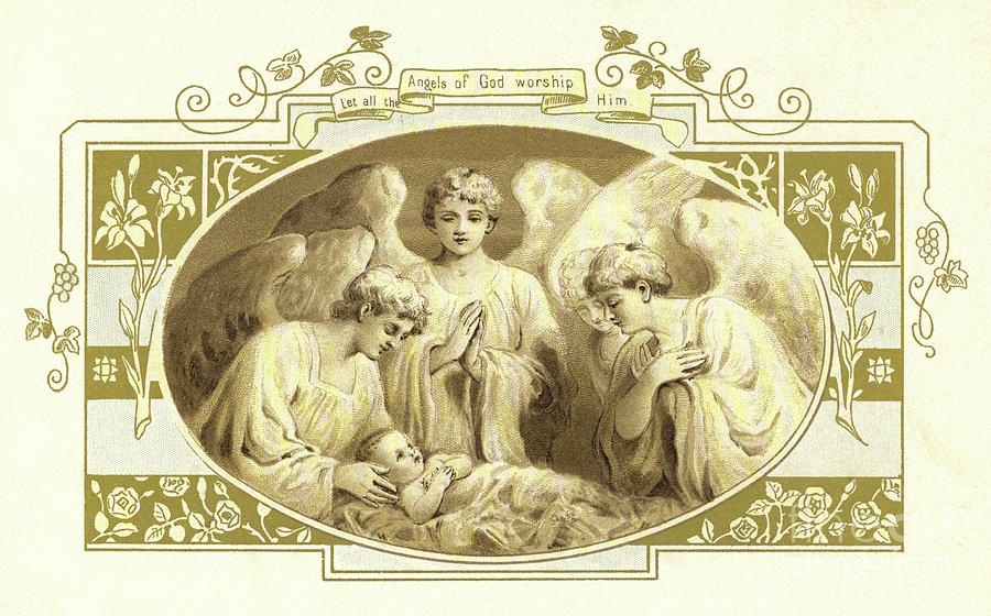 Vintage English Christmas Card with Angels Drawing by English School