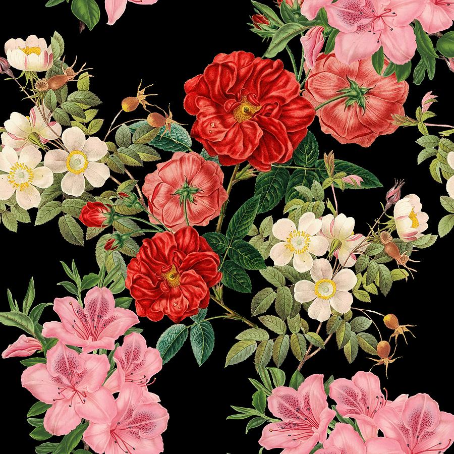 Vintage Floral Pattern on Black Digital Art by Marianna Mills