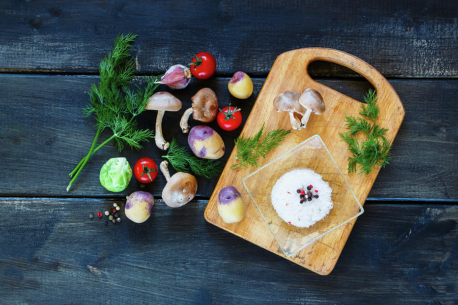 Vintage Kitchen Table With Fresh Organic Vegetables And Seasoning Ingredients Photograph by Yuliya Gontar