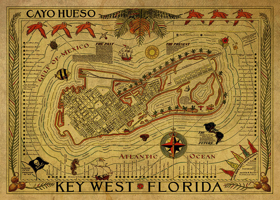 Vintage Mixed Media - Vintage Map of Key West 2 by Design Turnpike