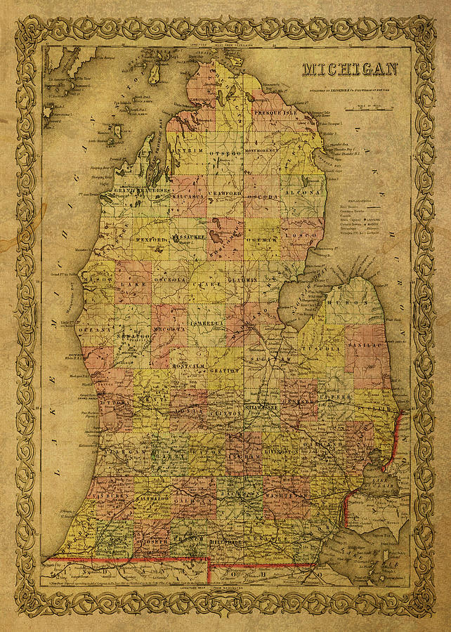 Vintage Map of Michigan Lower Peninsula Mixed Media by Design Turnpike Pixels