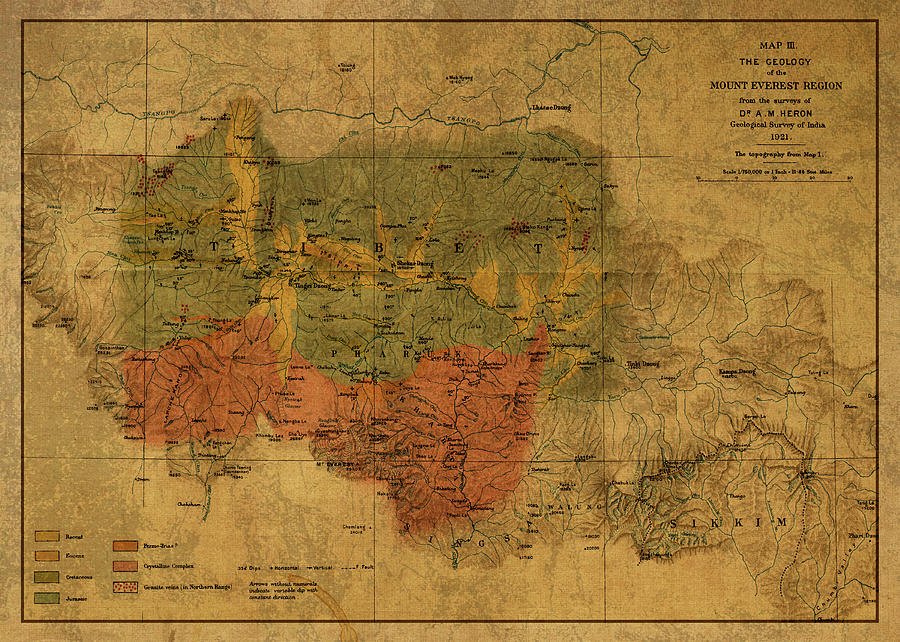 Vintage Mixed Media - Vintage Map of Mount Everest Region 1921 by Design Turnpike