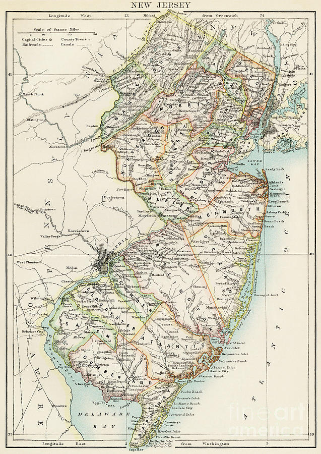 Vintage Map Of New Jersey, Circa 1870 Painting by American School ...