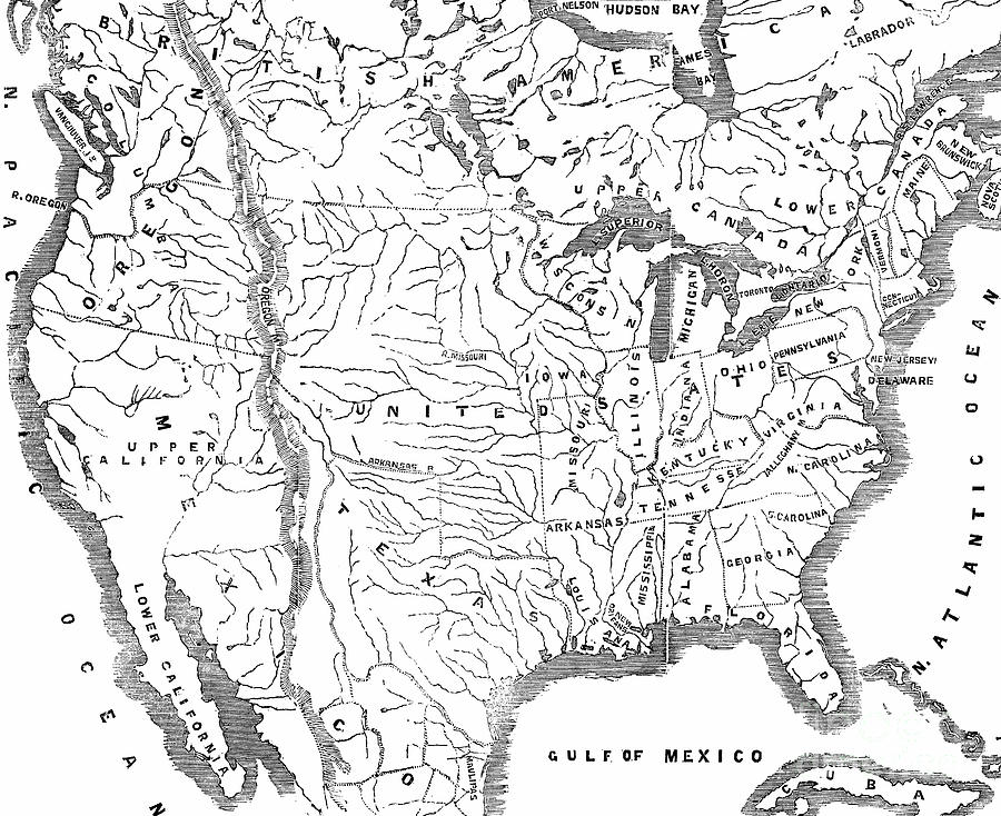 Vintage Map of North America from 1845, showing the Relative Positions of Texas and Oregon  Drawing by English School