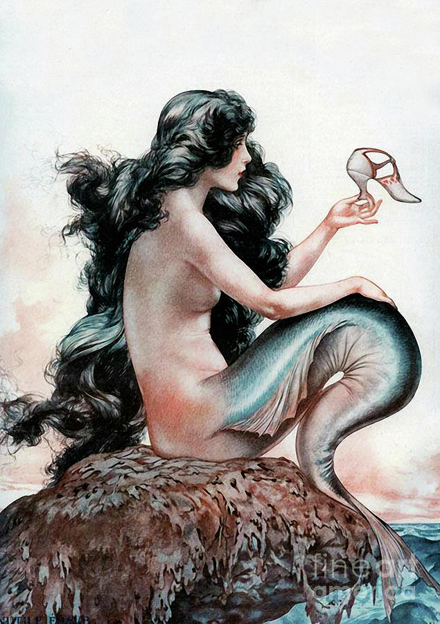 Vintage Mermaid Looks Longingly at a Shoe Painting by Tina Lavoie