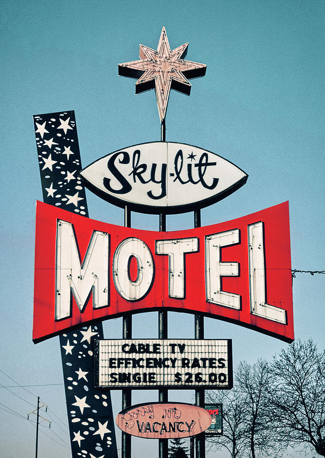 Vintage Motel Sign Sky Lit Dusty Maps 