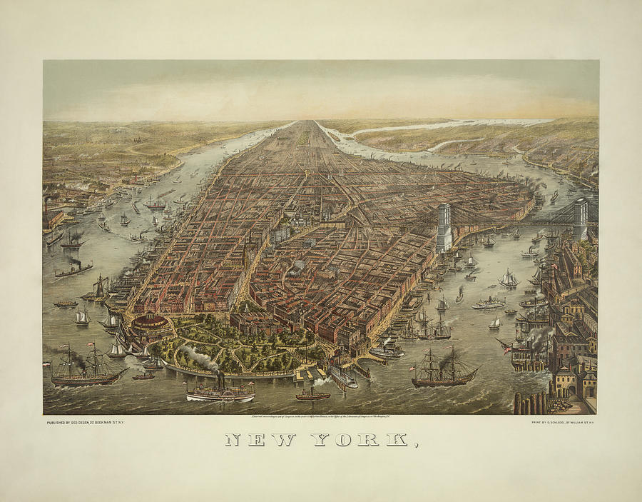 Vintage New York City - Birds Eye View - 1874 Painting by War Is Hell Store
