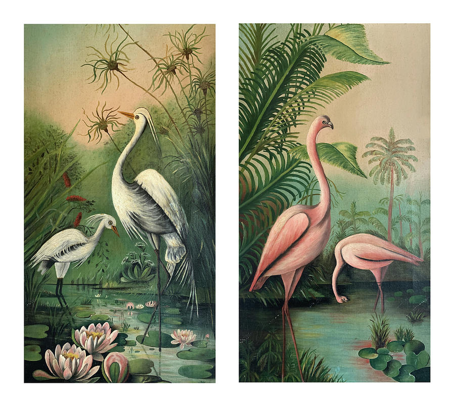 Vintage Paintings Egrets And Flamingos 1 Painting