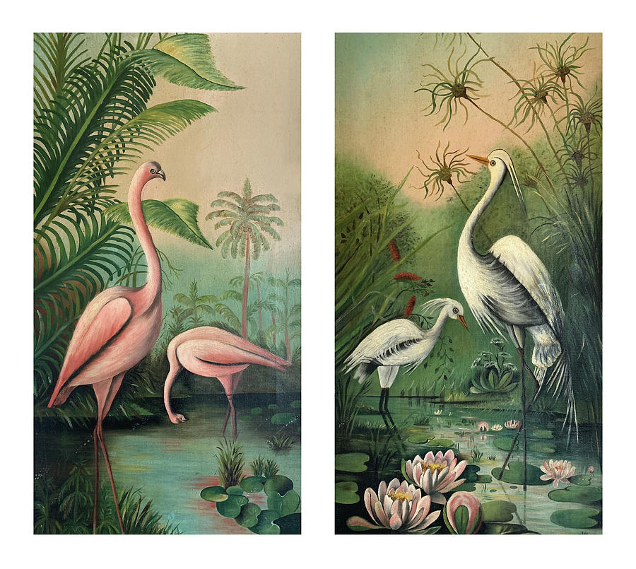 Vintage Paintings Egrets and Flamingos Painting by Marilyn Hunt