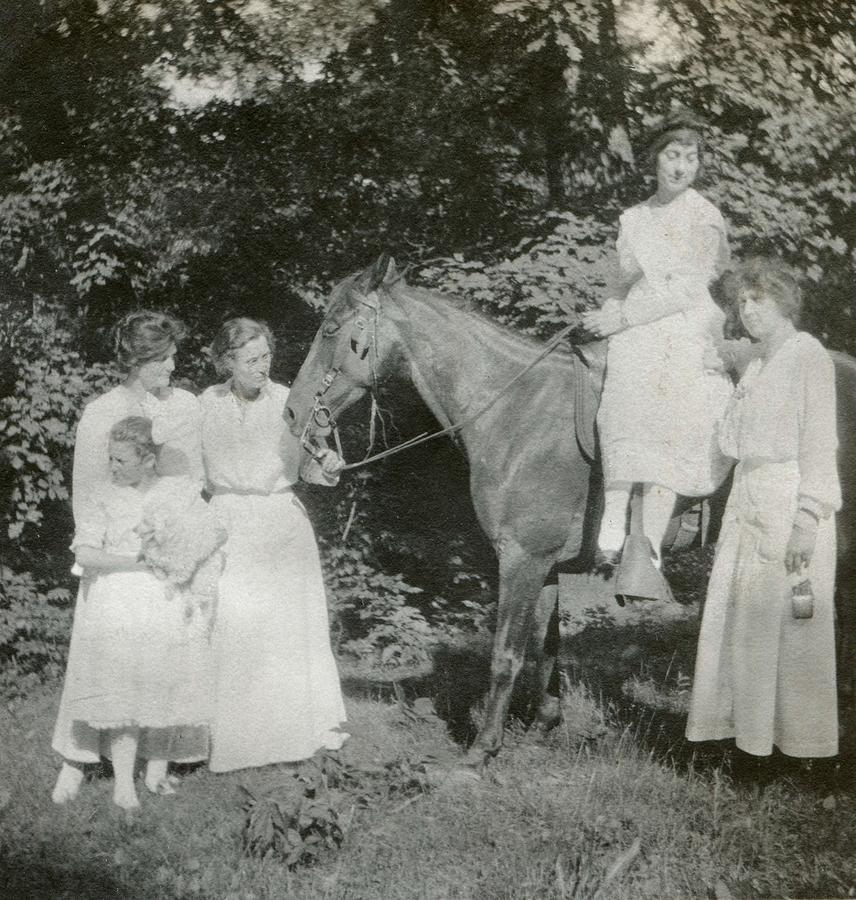 1920s Pack Mule Wearing Hat Horseback Ride Horses Men Woman 20s Antique Vintage Photograph Black White Photo