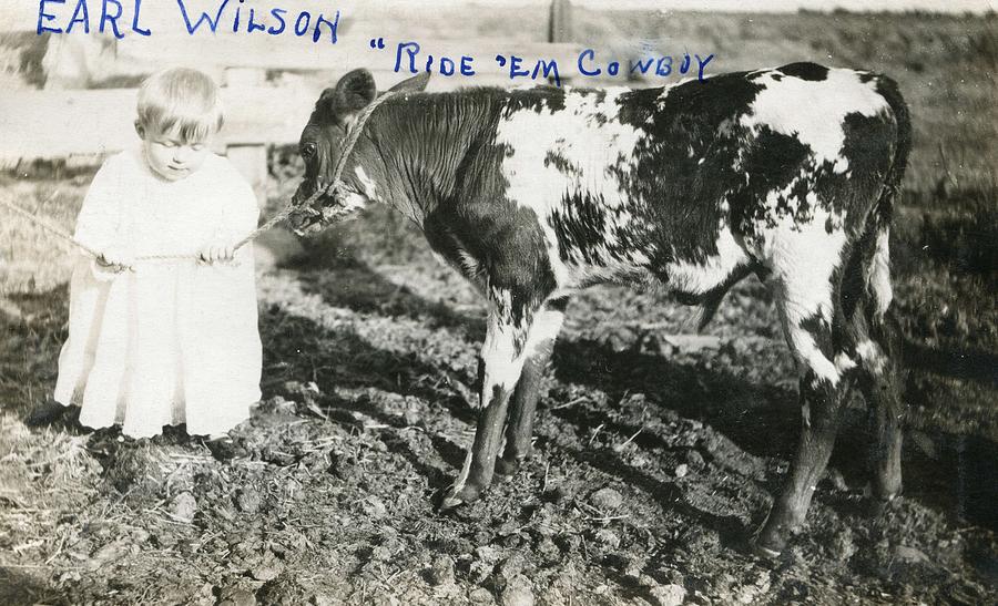 Vintage Photo  1920s - 1940s Toddler And A Calf - 079 Painting